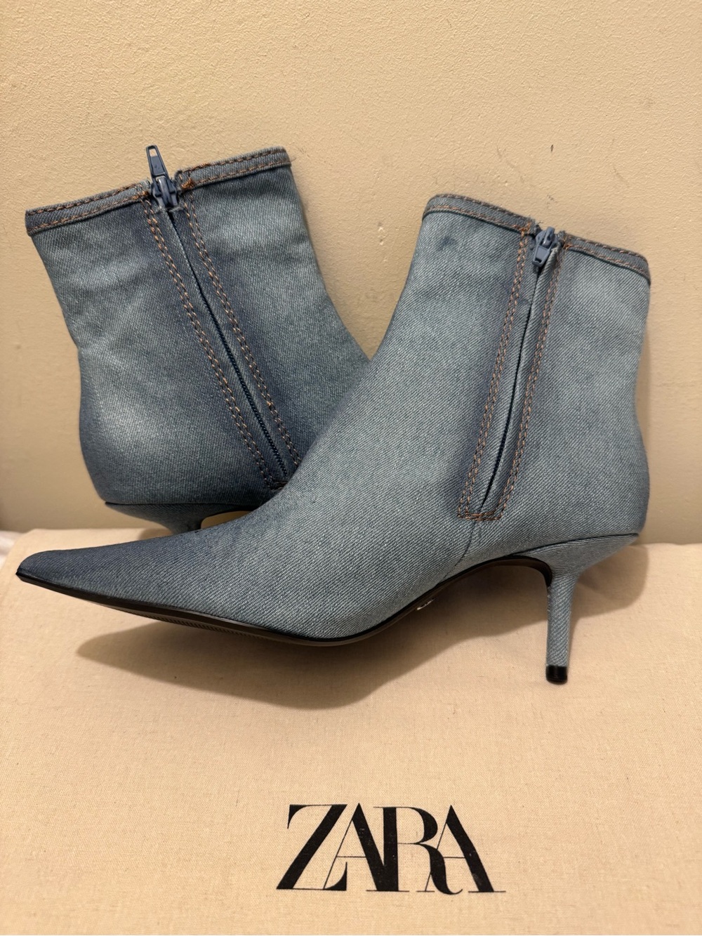 Zara Blue Denim Pointed Toe Kitten Heel Ankle Boots NWOT 7.5